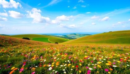A vibrant landscape of rolling hills blanketed with colorful wildflowers, generative ai