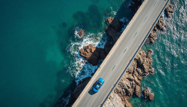 A winding coastal road with a blue car driving along the edge of a cliff overlooking the turquoise waters below, with rocky cliffs and crashing waves - Powered by Adobe