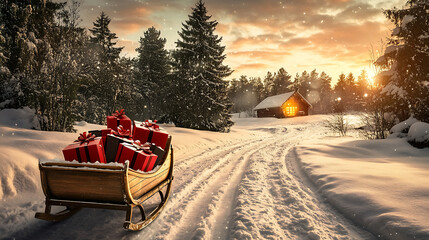 Sleigh filled with red and black Christmas presents