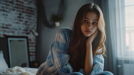 Sad girl sitting on her bed in her room and feeling sad. Concept of thinking and loneliness