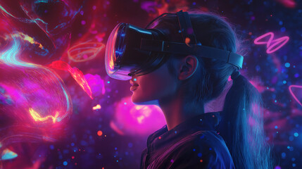 woman with headphones listening, beautiful woman wearing a VR headset in the center of an immersive virtual reality environment, surrounded by colorful abstract patterns