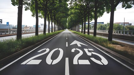 Obraz premium A long road with a 2025 sign indicating the distance to the year 2025. 2025 New year.