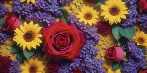 Colorful bouquet of flowers with a red rose. AI generated