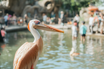 Obraz premium Close up of a Pelican with Blurry Background of People