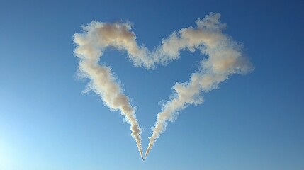 Naklejka premium A heart-shaped smokestack ascends into a clear blue sky, framed by a distant plane in the background