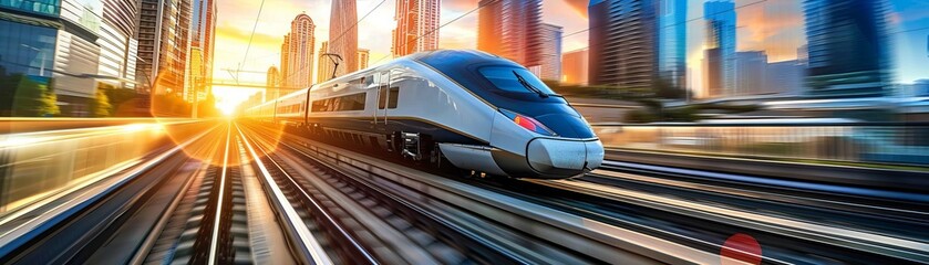 Naklejka premium High-Speed Train Blurred Motion Through Cityscape, Sunset, Urban Landscape, Travel, Transportation