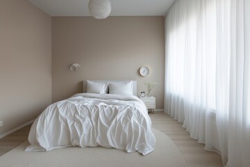 Contemporary bedroom interior featuring white bed and stylish alarm clock on nightstand