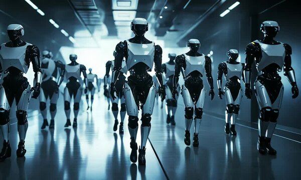 Futuristic Robot Army Marching in Urban Environment at scifi movie cinematic shot	

