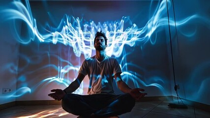 Young man is meditating with his eyes closed as blue lights swirl around him, representing the concept of neural enhancement and the power of neurotechnology