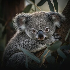 Obraz premium Koala on Tree Branch with Leaves and Blurry Background - Close-up image of a koala perched on a tree branch surrounded by leaves in the foreground,