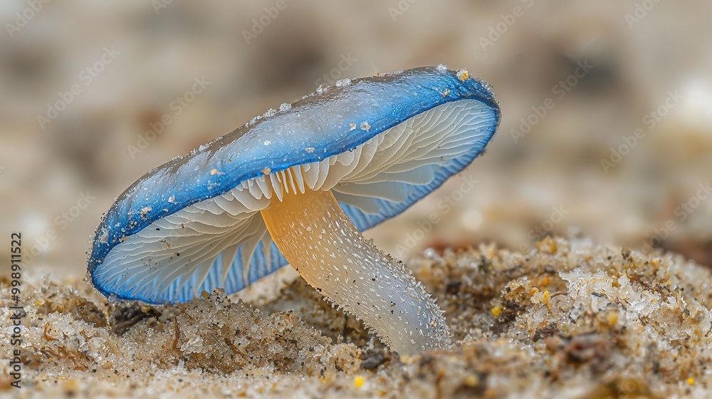 Wall mural   A macro shot of a blue-yellow mushroom atop sandy soil with a hazy backdrop of sand and pebbles