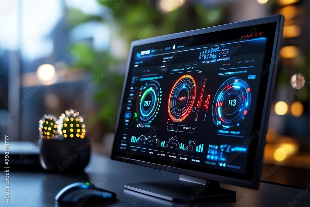 Poster Hyper-realistic smart home energy system, showing real-time data on energy savings from efficient appliances and solar panels, with detailed screen graphics