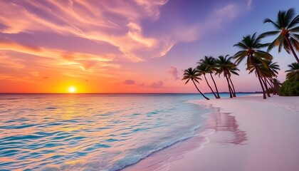 A peaceful scene of a pristine white-sand beach, with crystal-clear turquoise waters gently lapping at the shore. Palm trees line the beach, generative ai