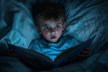 Young boy reading scary stories in bed at night, surprised and scared under the covers © Mitya
