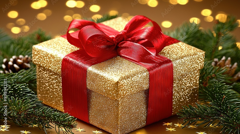 Poster  A gold gift box with a red ribbon and bow adorns a Christmas tree with twinkling lights