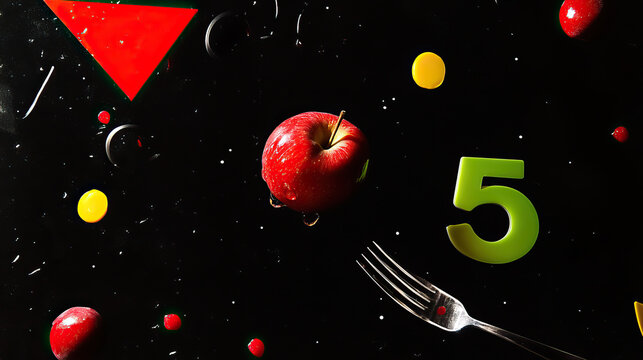 A vibrant composition of an apple, colorful utensils, and numbers arranged against a dark background, showcasing creativity in food art. Generative AI