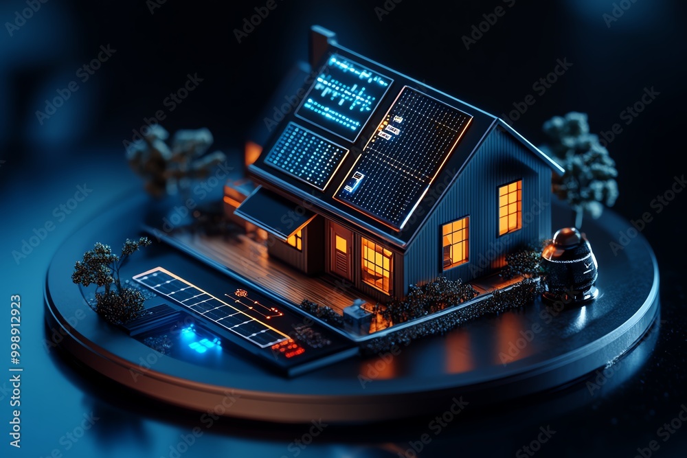 Aufkleber Hyper-realistic smart home energy system, showing real-time data on energy savings from efficient appliances and solar panels, with detailed screen graphics