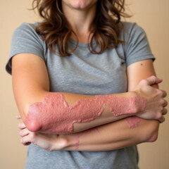 Severe Eczema Rash on Female Arm: Red Skin Irritation Highlighted on Light Background