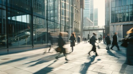 Blurry pedestrians rush through a modern cityscape, captured in dynamic motion against the backdrop of tall glass buildings during a sunny day.