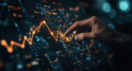 A hand analyzing digital financial data on a futuristic interface in a tech-driven office environment. Generative AI
