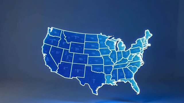 3D hologram of the map of the United States of America, 3D blue model of the borders of the USA regions and cities, high-tech movement
