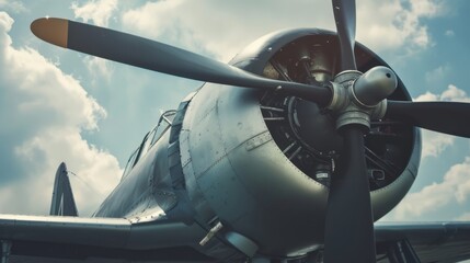 A vintage propeller airplane, captured from a low angle, stands still under a partly cloudy sky. The design signifies a nostalgic tribute to aviation history.