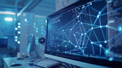 Close-up of a computer screen, showcasing complex network data and graphs in a dimly lit control room, highlighting cyber connections.