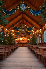 A colorful Oktoberfest festival tent filled with Bavarian flags, wooden benches, and hanging lights