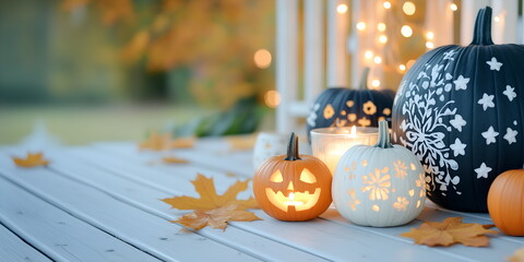 A group of intricately carved pumpkins glowing with candles inside, on a wooden porch