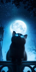 A mysterious black cat sitting on a fence under a full moon, glowing eyes, banner with copy space