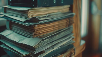 A close-up of a stack of old, weathered papers and folders, evoking a sense of history and nostalgia amidst a cozy, cluttered workspace.