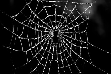 Obraz premium Spider web silhouette against black wall, banner wallpaper with copy space