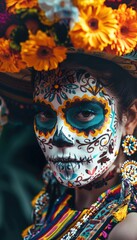 Fototapeta premium Colorful Day of the Dead Woman with Sugar Skull Makeup, Marigold Crown, and Traditional Mexican Costume