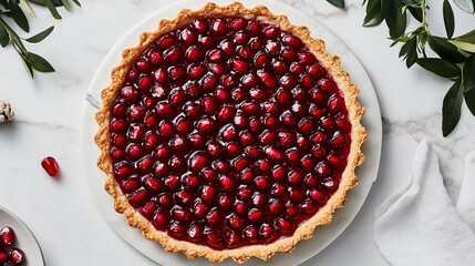 Elegant pomegranate tart with almond crust, set on a white marble background