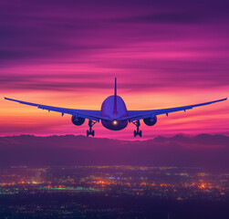 Fototapeta premium Airplane approaching city for landing at vibrant dusk
