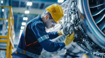 An aerospace engineer wearing safety gear meticulously works on a jet engine in a brightly lit industrial setting, showcasing precision and dedication.