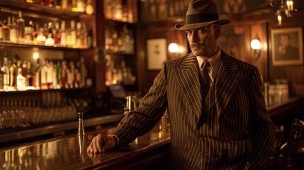 A man in a vintage pinstripe suit and fedora hat leans on a bar counter in a dimly lit, classic bar, exuding an old-world charm.