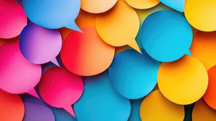 A colorful background of overlapping speech bubbles representing communication and conversation.