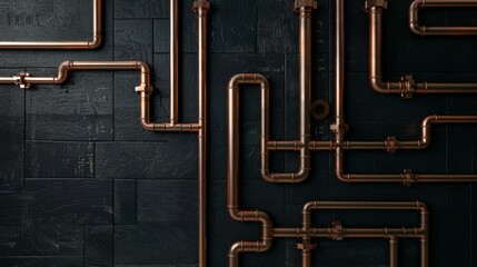 Sleek copper pipes create a complex pattern on a dark, textured wall, emphasizing industrial elegance and detailed design.
