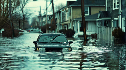  car submerged in water, on the street  during a heavy rainstorm, 