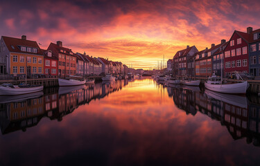 Obraz premium Sunset over canal with colorful buildings and boats