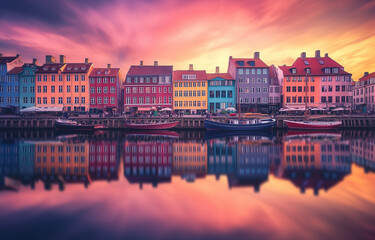 Naklejka premium Colorful houses reflecting in calm canal at dusk