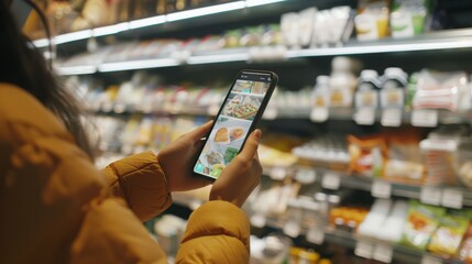 A person uses a smartphone to browse food items in another aisle of a well-stocked grocery store.