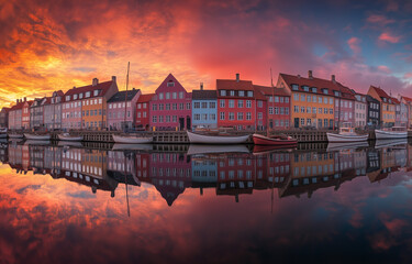 Obraz premium Vibrant sunset reflecting on canal with colorful buildings and boats
