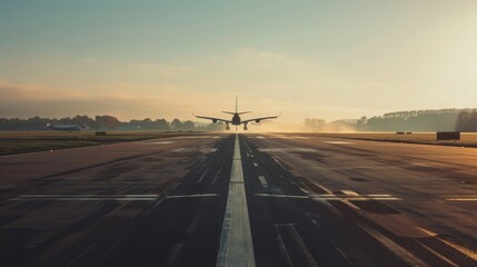 A large aircraft takes off from a runway at dawn, evoking a sense of adventure and the dawn of new journeys.