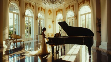 A woman in a flowing white gown playing a grand piano in a sunlit, opulent room with tall windows, exudes elegance and musical passion.