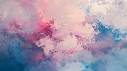 Soft hues of pink, blue, and white blend harmoniously in this abstract painting, creating a sense of fluid motion and ethereal beauty.