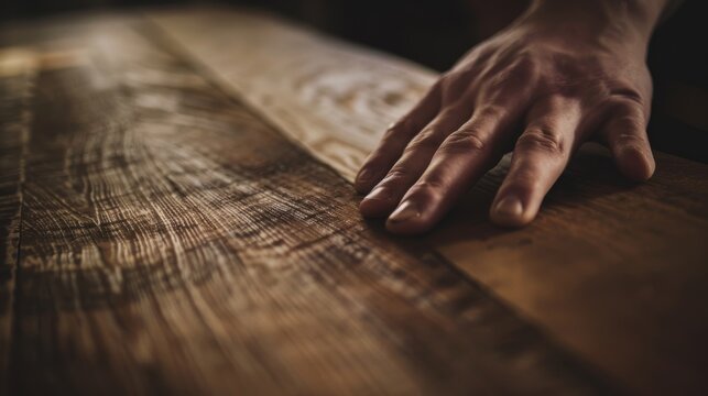 A close-up of a hand gently touching a textured wooden surface, revealing the intricate grains and natural patterns of the wood under soft lighting.