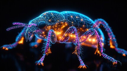 Obraz premium A close-up photo of a bug on a dark background with a blue and pink pattern on its body