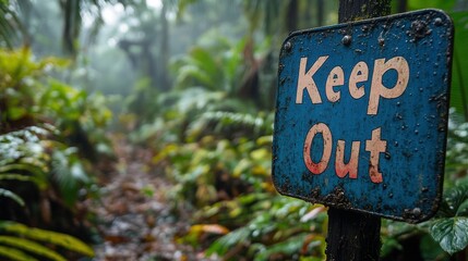 A weathered Keep Out sign stands amidst a dense, misty forest, suggesting a restricted area or private property within a lush, natural environment